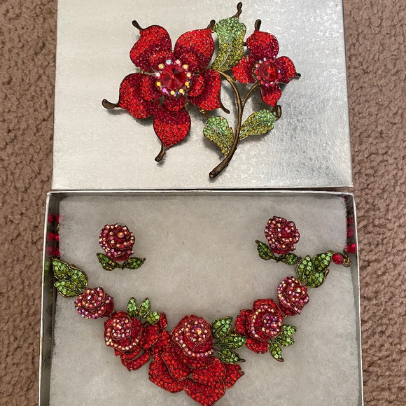 Jewelry - Austrian Crystal Rhinestone Necklace Earring & Brooch Set Red Rose Theme